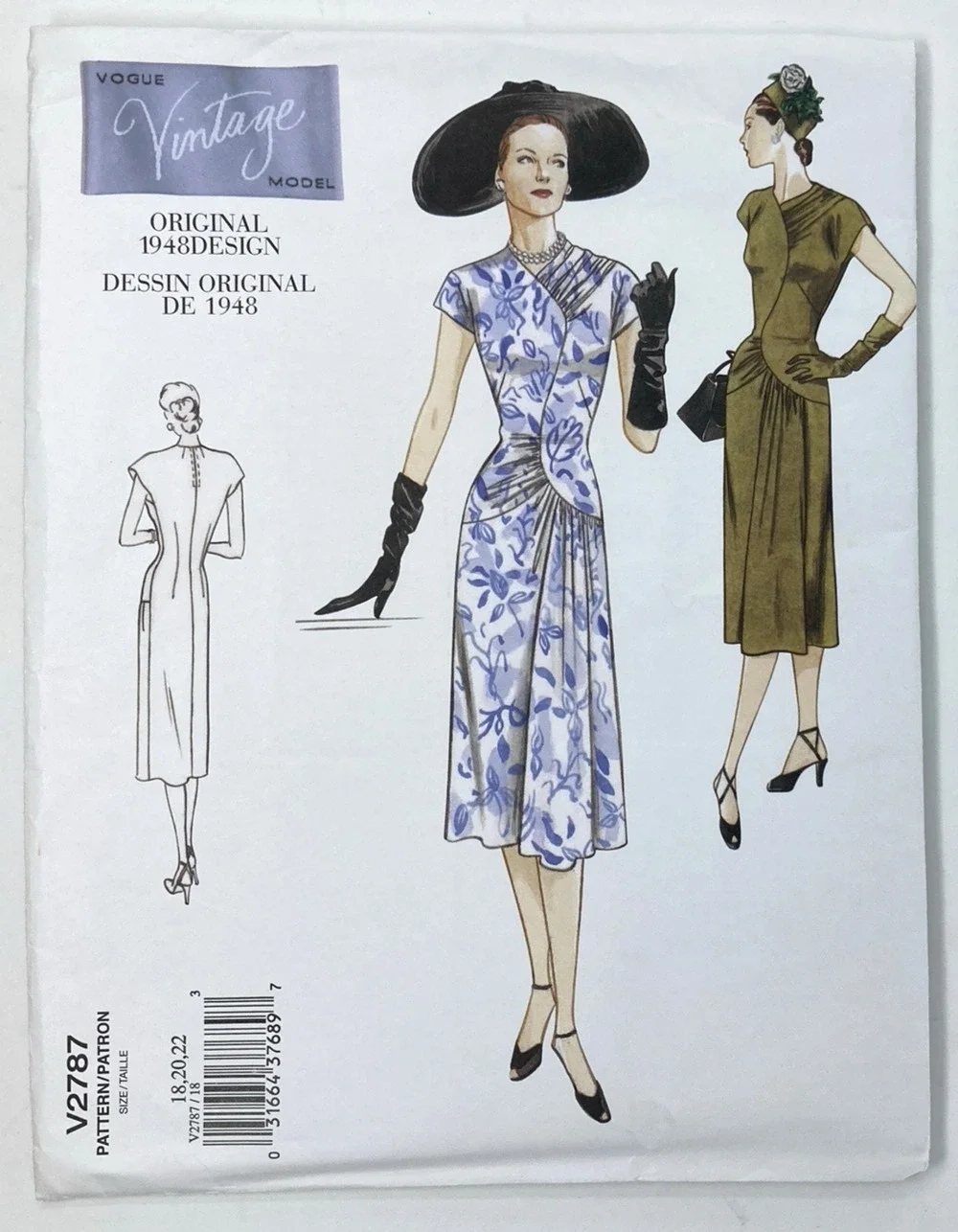 Vogue Vintage V2787 Pattern 1948 Retro A-Line Ruched Dress Plus Sz 18-22 Uncut